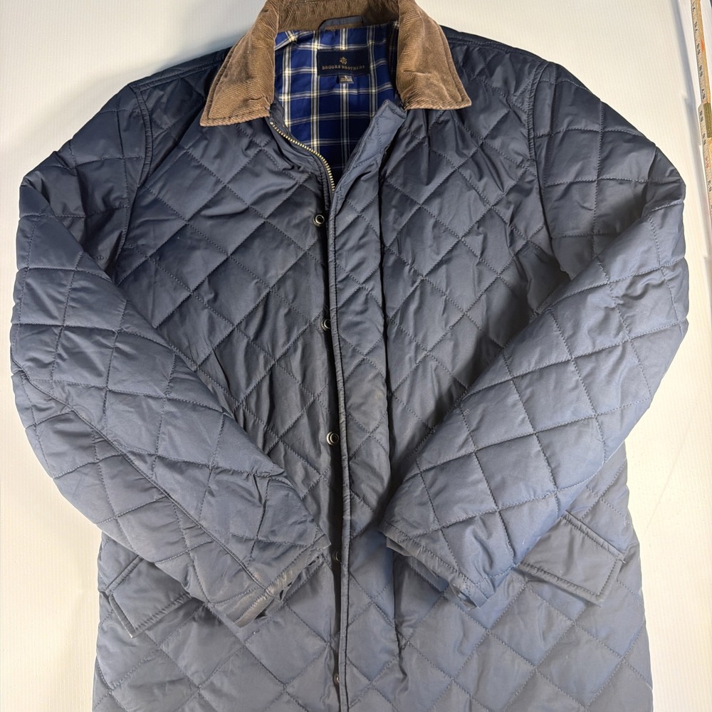 Men's navy blue Brooks Brothers Quilted Jacket With Brown Corderoy Trim Size Sm